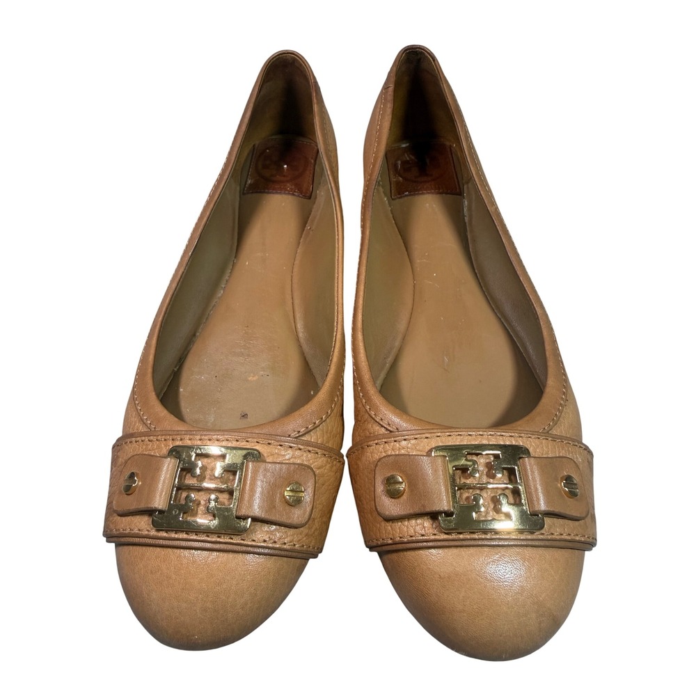 Tory Burch Reva Tan Tumbled Leather Logo Ballet Flats Gold Hardware Size 9M